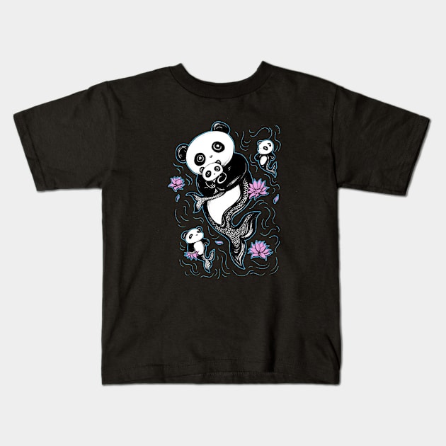 Panda Mermaid Bear with Lotus Flowers Kids T-Shirt by shaireproductions